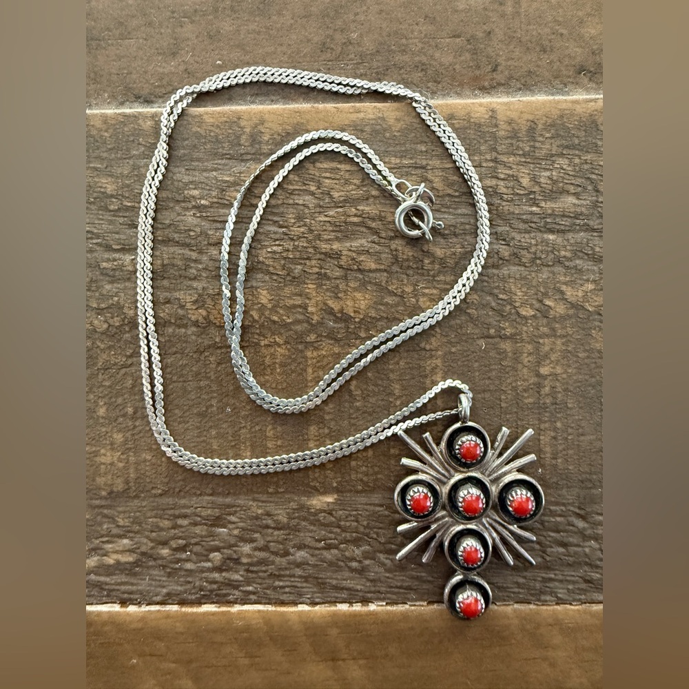 Vintage Native Navajo Sterling Silver and Coral Cross Pendant Necklace